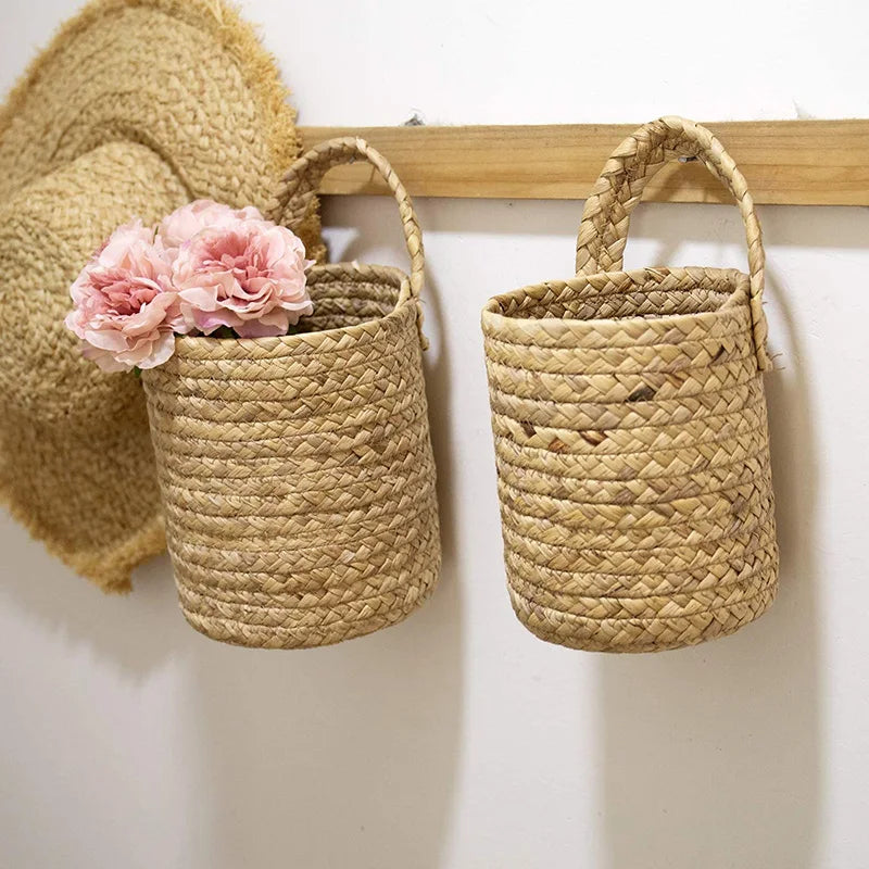 Woven Hanging Woven Rattan Baskets Basket Wicker For Planters Garden Wall Decoration Wall-mounted Basket Storage Rack
