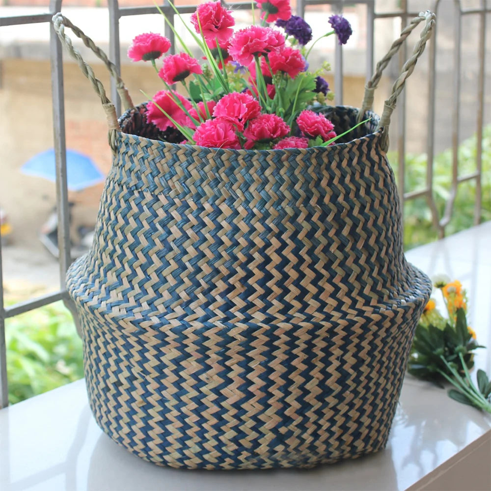 New 1pc Foldable Handmade Rattan Woven Flower Basket Seagrass Clothing Storage Basket Home Decoration Flower Basket