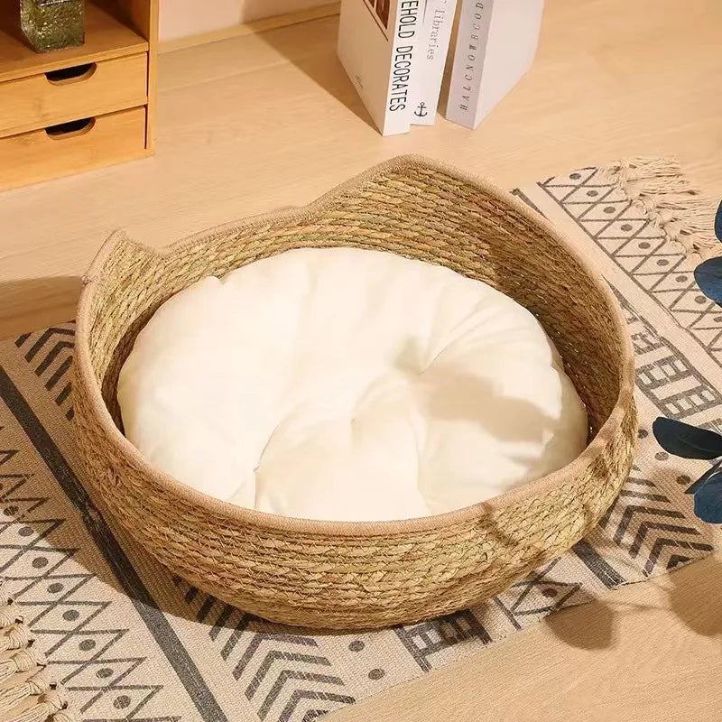 Natural Cat Bed Straw Nest Woven Pet House Handmade Braided Cattail Leaf with Soft Cushion