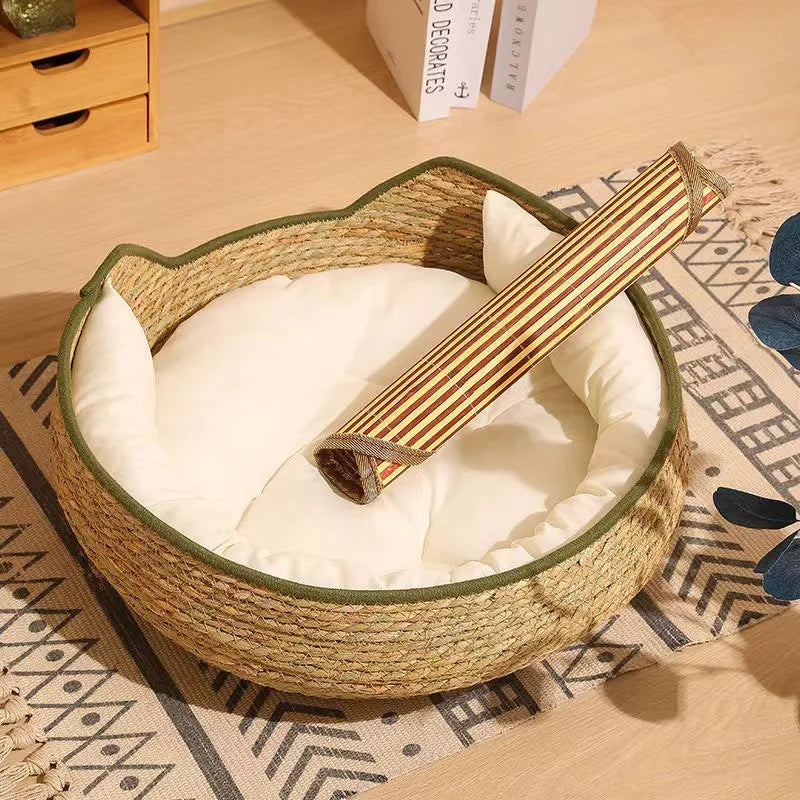 Natural Cat Bed Straw Nest Woven Pet House Handmade Braided Cattail Leaf with Soft Cushion