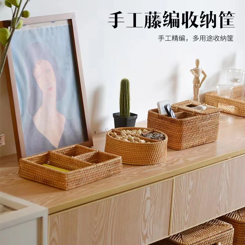 Hand-woven Wicker Desktop Storage Basket Portable Four-compartment Storage Fruit Basket Household Storage Basket Home Decoration