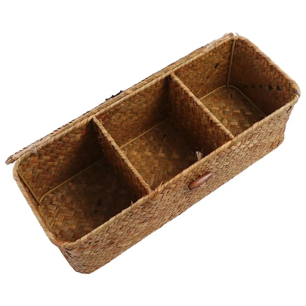 Handmade Hand Woven Storage Baskets Dustproof Rectangular 3 Grid Handwoven Storage Basket with Lid Rattan Divider Storage Box
