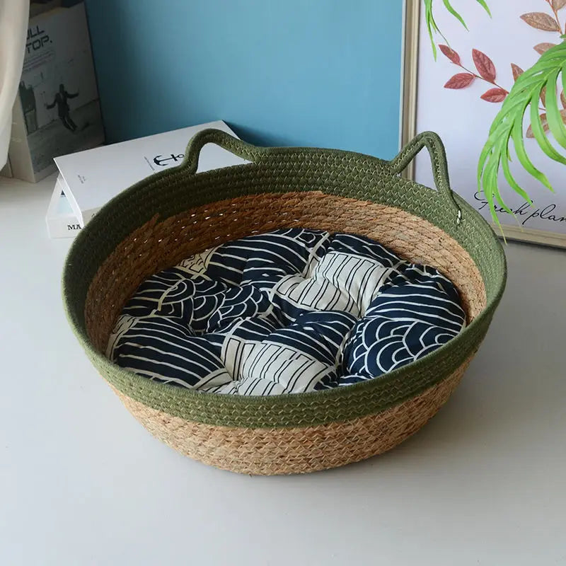 OUZEY Rattan Woven Pet Cat Bed With Cushion Soft Warm Comfortable Sleeping Basket For Cats Four Seasons Puppy Kitten Bed