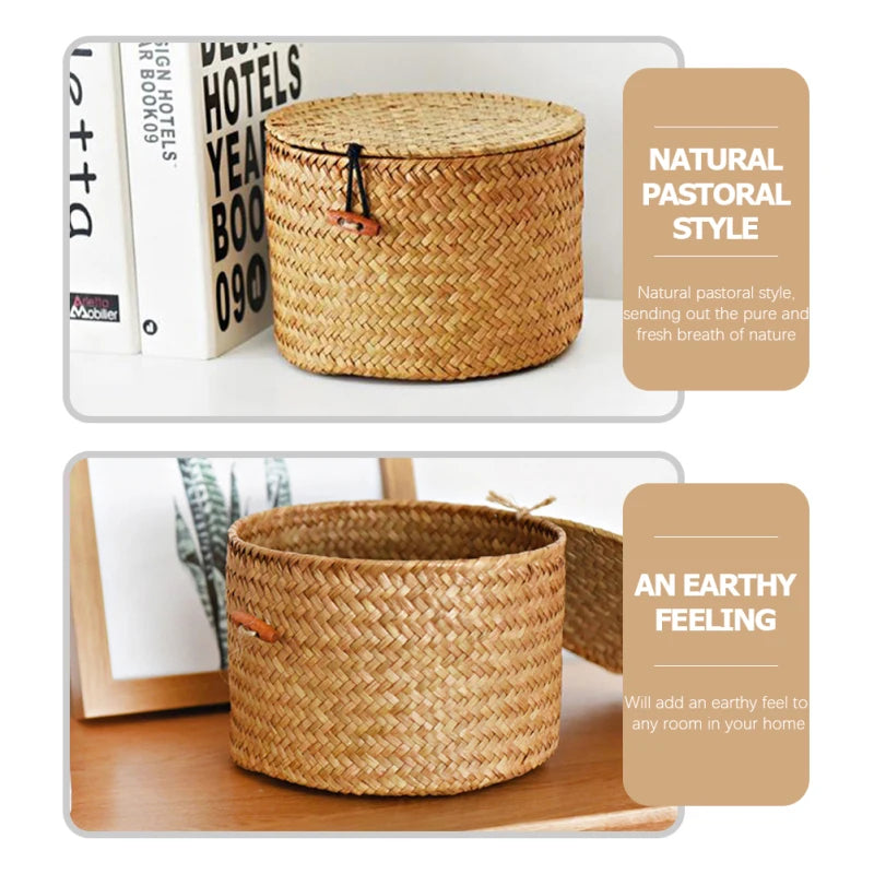 Round Handmade Seagrass Storage Box Decorative ganizer Baskets Toilet Paper Holder Gift Container Woven Desktop Basket For