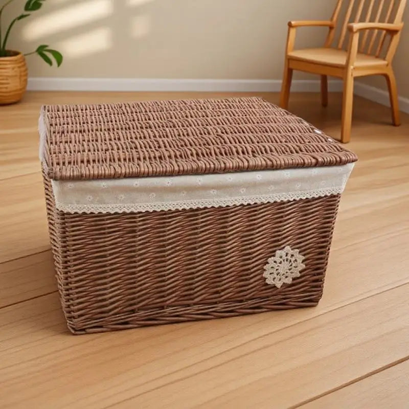 Woven Rattan Basket with Cover Natural Fiber Storage Bin for Home Organization Bedroom Living Room Desk Decorative Wicker Box