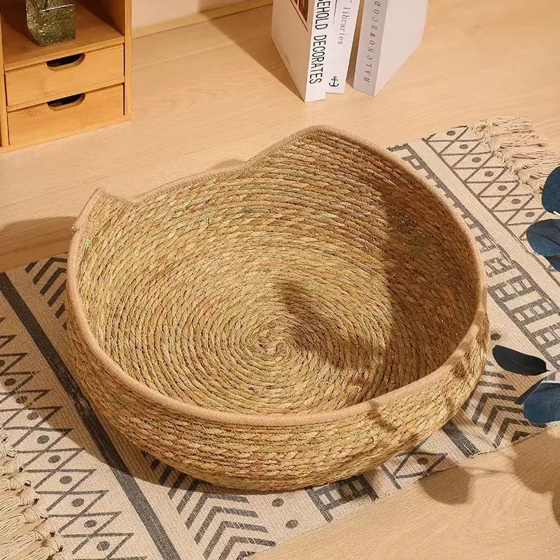 Natural Cat Bed Straw Nest Woven Pet House Handmade Braided Cattail Leaf with Soft Cushion