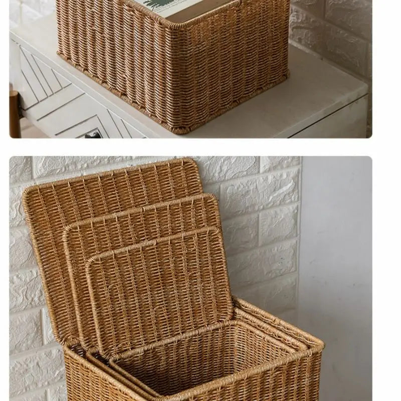 Waterproof storage box with cover mitation wicker rattan woven wardrobe storage kitchen clothing organizer box wicker basket