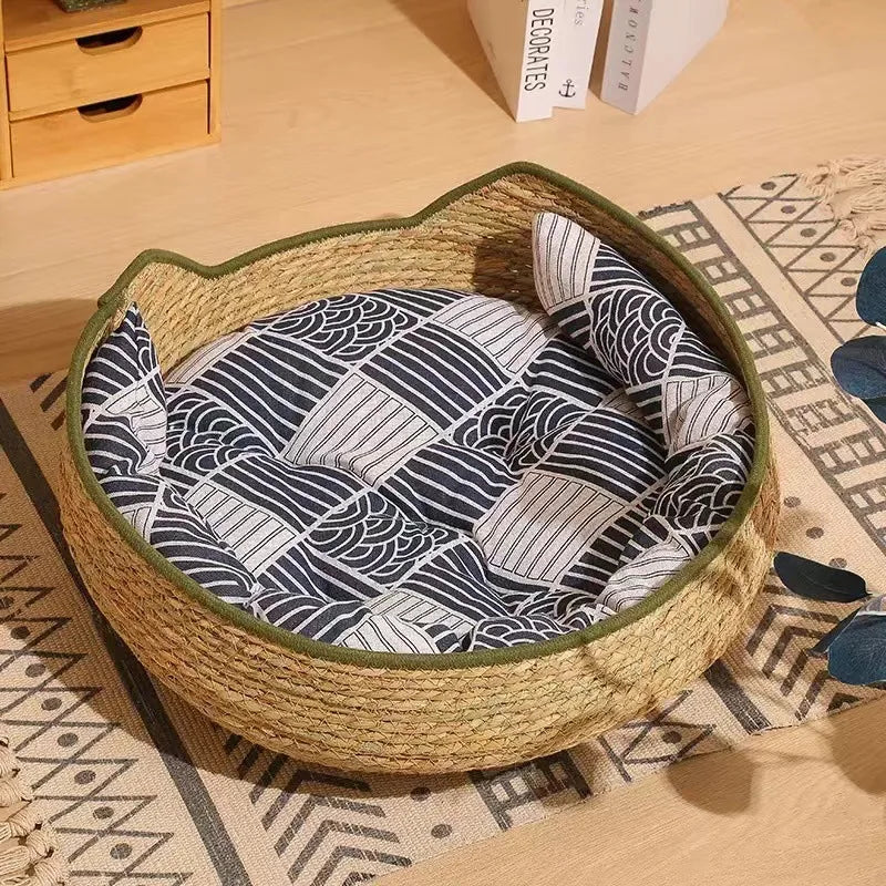 Natural Cat Bed Straw Nest Woven Pet House Handmade Braided Cattail Leaf with Soft Cushion