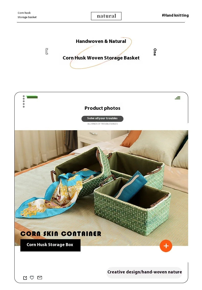 Environmentally Friendly Handmade Rattan Storage Basket Corn Skin Storage Box Coffee Table Desktop Living Room Storage Basket