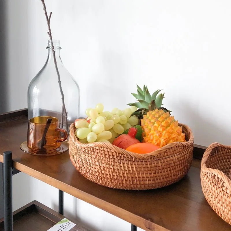 Round Rattan Fruit Basket, Wicker Woven Snack Tray, ,Bread Food Organizer, Kitchen Storage, Home Decoration