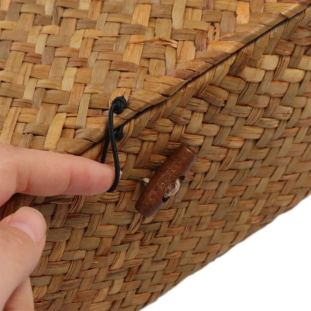Handmade Hand Woven Storage Baskets Dustproof Rectangular 3 Grid Handwoven Storage Basket with Lid Rattan Divider Storage Box