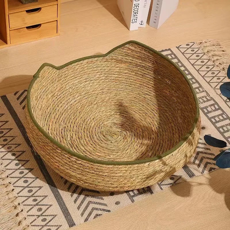 Natural Cat Bed Straw Nest Woven Pet House Handmade Braided Cattail Leaf with Soft Cushion