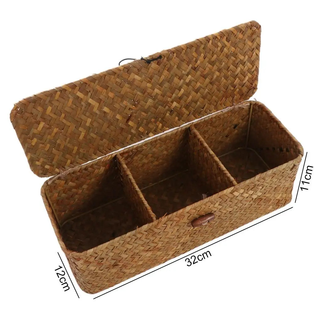 Handmade Hand Woven Storage Baskets Dustproof Rectangular 3 Grid Handwoven Storage Basket with Lid Rattan Divider Storage Box