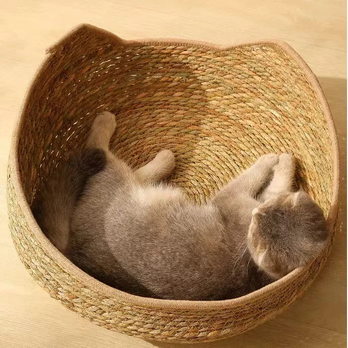 Natural Cat Bed Straw Nest Woven Pet House Handmade Braided Cattail Leaf with Soft Cushion