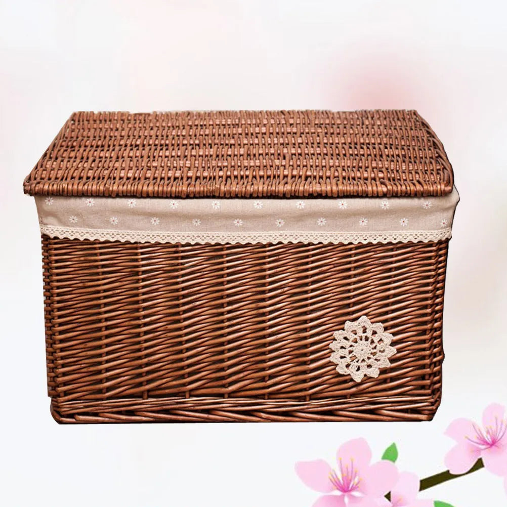 Woven Rattan Basket with Cover Natural Fiber Storage Bin for Home Organization Bedroom Living Room Desk Decorative Wicker Box