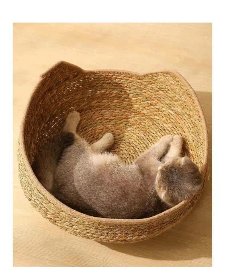 Natural Cat Bed Straw Nest Woven Pet House Handmade Braided Cattail Leaf with Soft Cushion