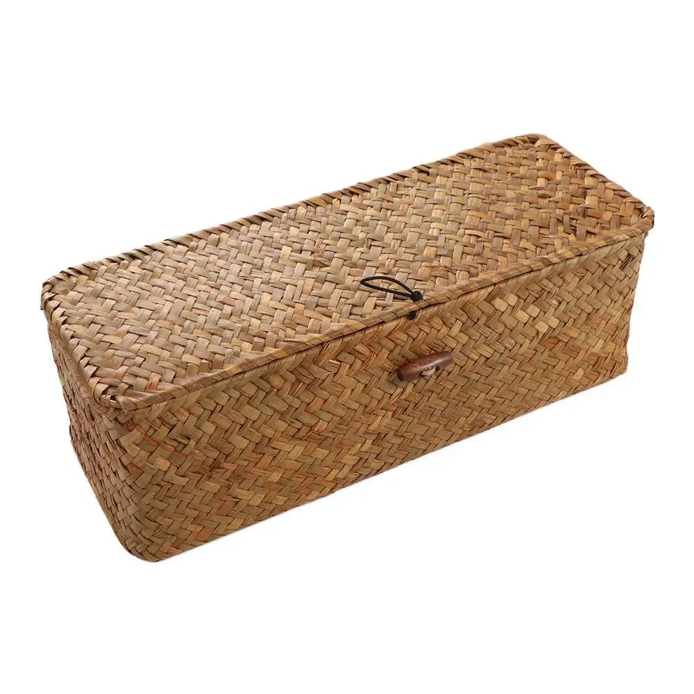 Handmade Hand Woven Storage Baskets Dustproof Rectangular 3 Grid Handwoven Storage Basket with Lid Rattan Divider Storage Box