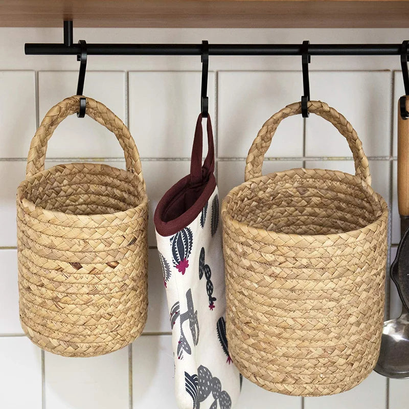Woven Hanging Woven Rattan Baskets Basket Wicker For Planters Garden Wall Decoration Wall-mounted Basket Storage Rack
