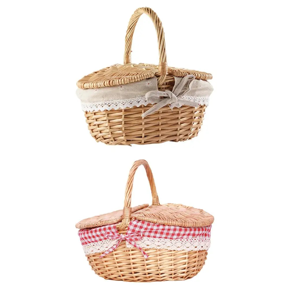Handmade Wicker Picnic Basket With Handle Picnic Hamper Multi-Purpose Willow Woven Storage Box Outdoor Camping Fruit Basket