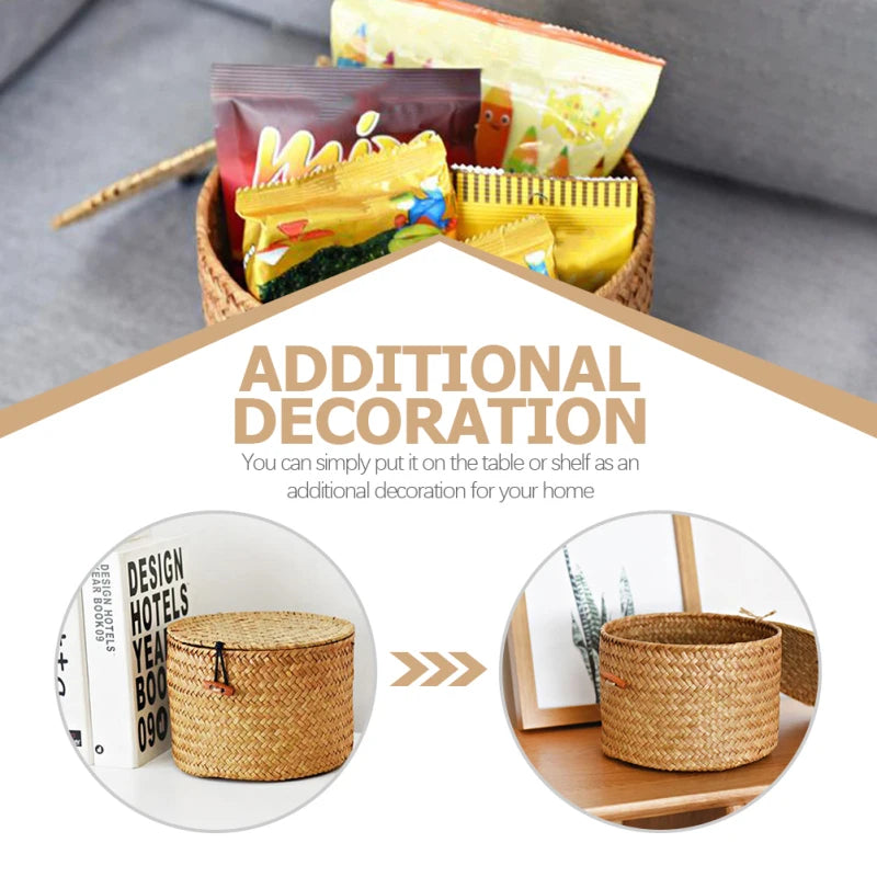 Round Handmade Seagrass Storage Box Decorative ganizer Baskets Toilet Paper Holder Gift Container Woven Desktop Basket For
