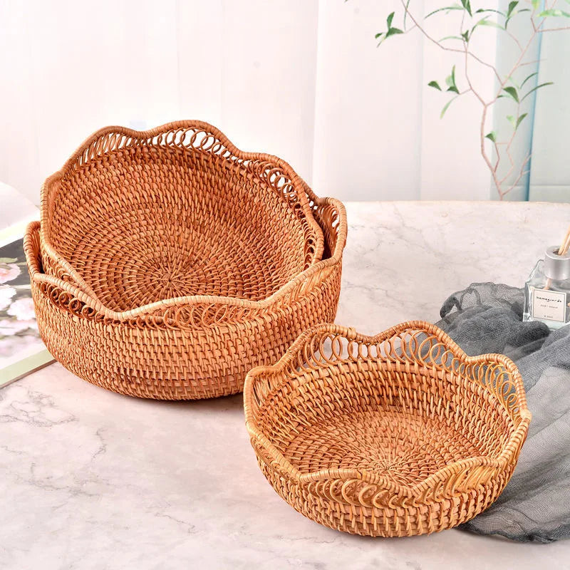 Round Rattan Fruit Basket, Wicker Woven Snack Tray, ,Bread Food Organizer, Kitchen Storage, Home Decoration