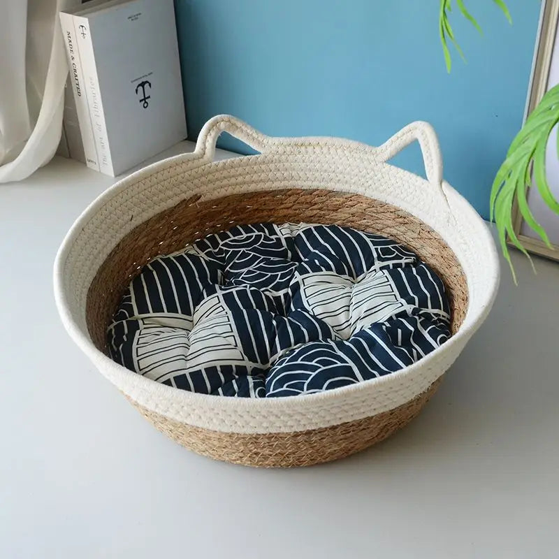 OUZEY Rattan Woven Pet Cat Bed With Cushion Soft Warm Comfortable Sleeping Basket For Cats Four Seasons Puppy Kitten Bed