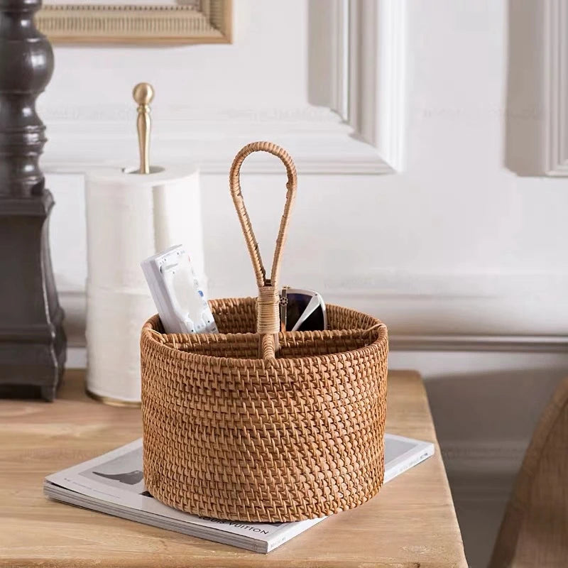 Hand-woven Wicker Desktop Storage Basket Portable Four-compartment Storage Fruit Basket Household Storage Basket Home Decoration