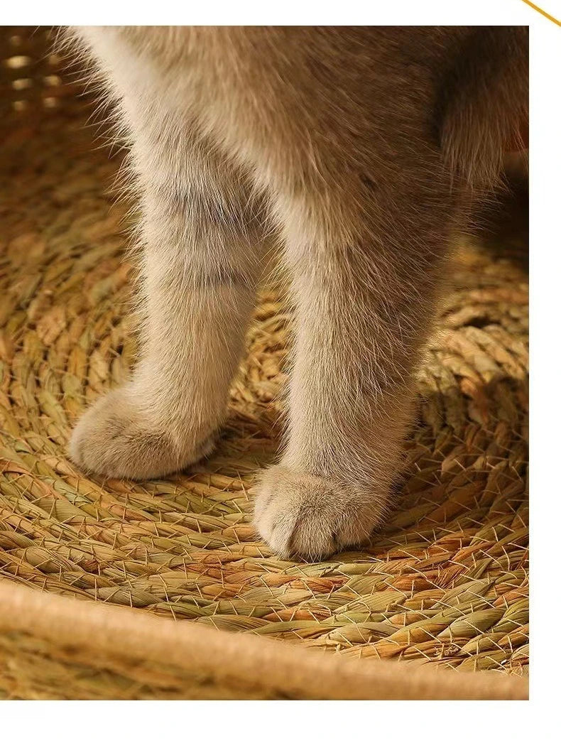 Natural Cat Bed Straw Nest Woven Pet House Handmade Braided Cattail Leaf with Soft Cushion