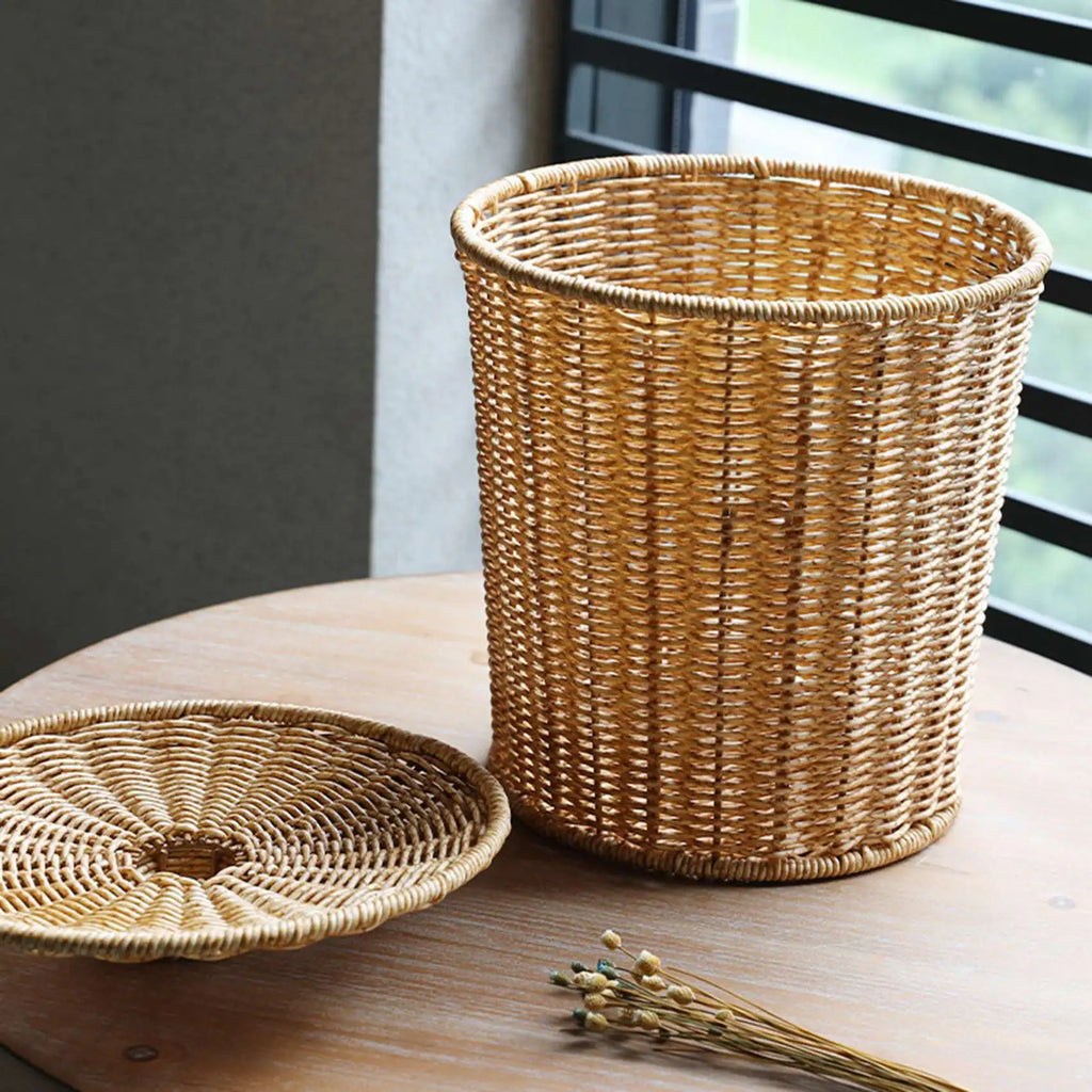 Woven Basket Trash Can Round Rattan Waste Basket with Lid Planter Woven Storage Baskets Wicker Wastebasket Garbage Bin