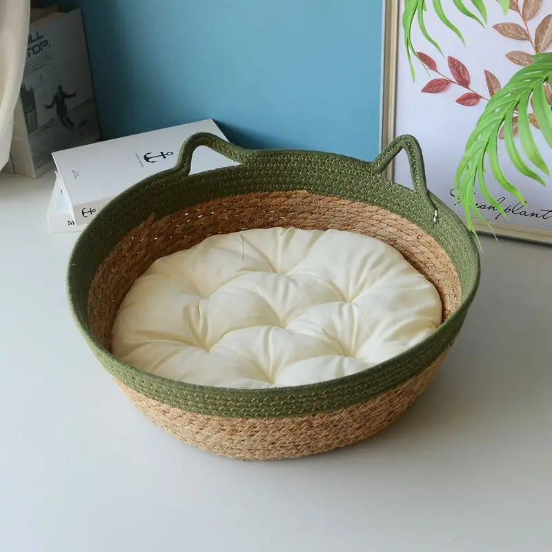 OUZEY Rattan Woven Pet Cat Bed With Cushion Soft Warm Comfortable Sleeping Basket For Cats Four Seasons Puppy Kitten Bed
