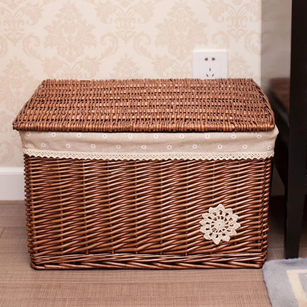 Woven Rattan Basket with Cover Natural Fiber Storage Bin for Home Organization Bedroom Living Room Desk Decorative Wicker Box