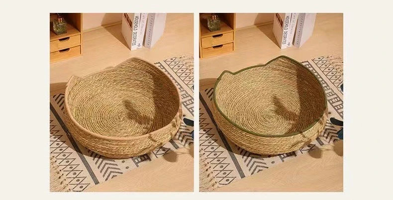 Natural Cat Bed Straw Nest Woven Pet House Handmade Braided Cattail Leaf with Soft Cushion