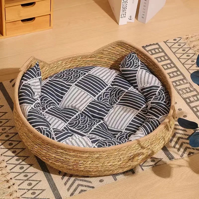Natural Cat Bed Straw Nest Woven Pet House Handmade Braided Cattail Leaf with Soft Cushion