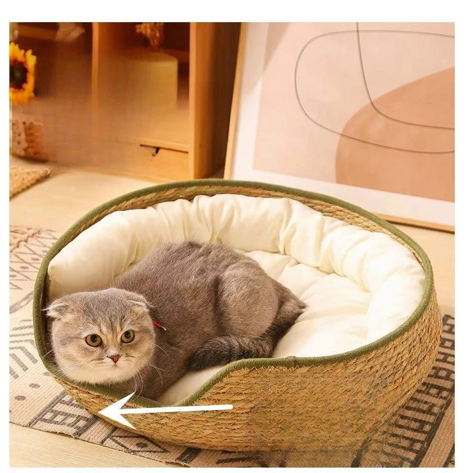 Natural Cat Bed Straw Nest Woven Pet House Handmade Braided Cattail Leaf with Soft Cushion