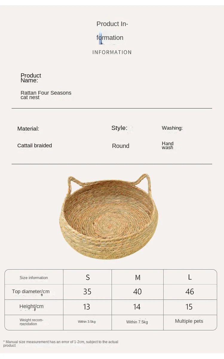Four Seasons Cat Bed Woven Removable Upholstery Sleeping House Cat Scratch Floor Rattan Washable Cats Pet Products Accessories