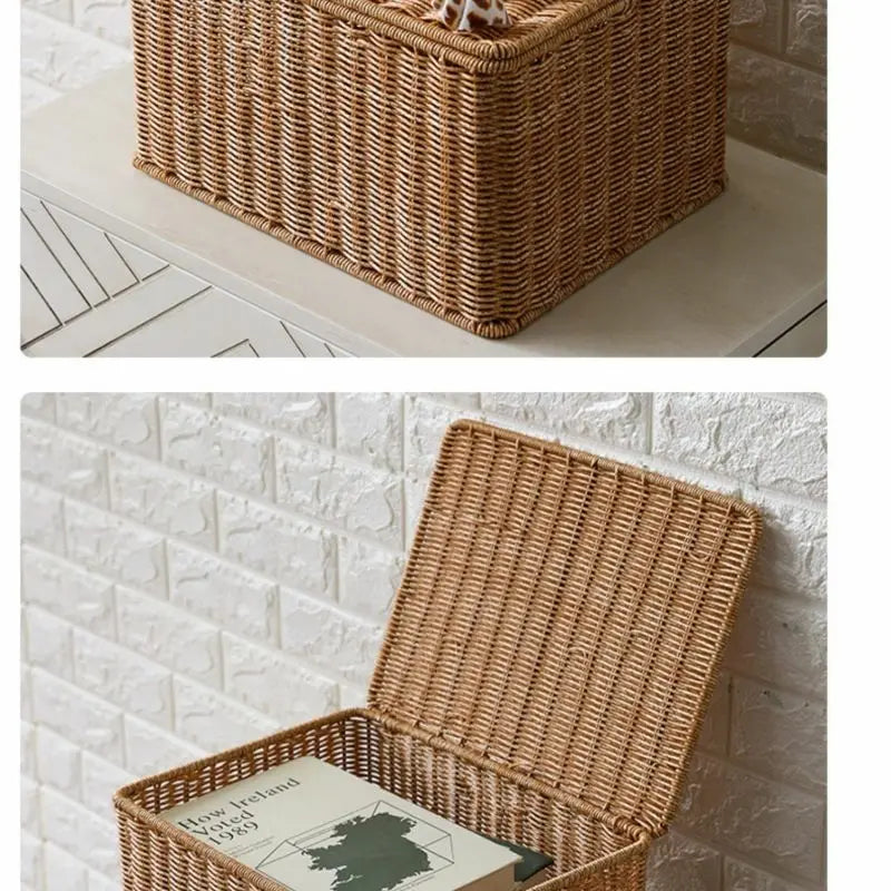 Waterproof storage box with cover mitation wicker rattan woven wardrobe storage kitchen clothing organizer box wicker basket