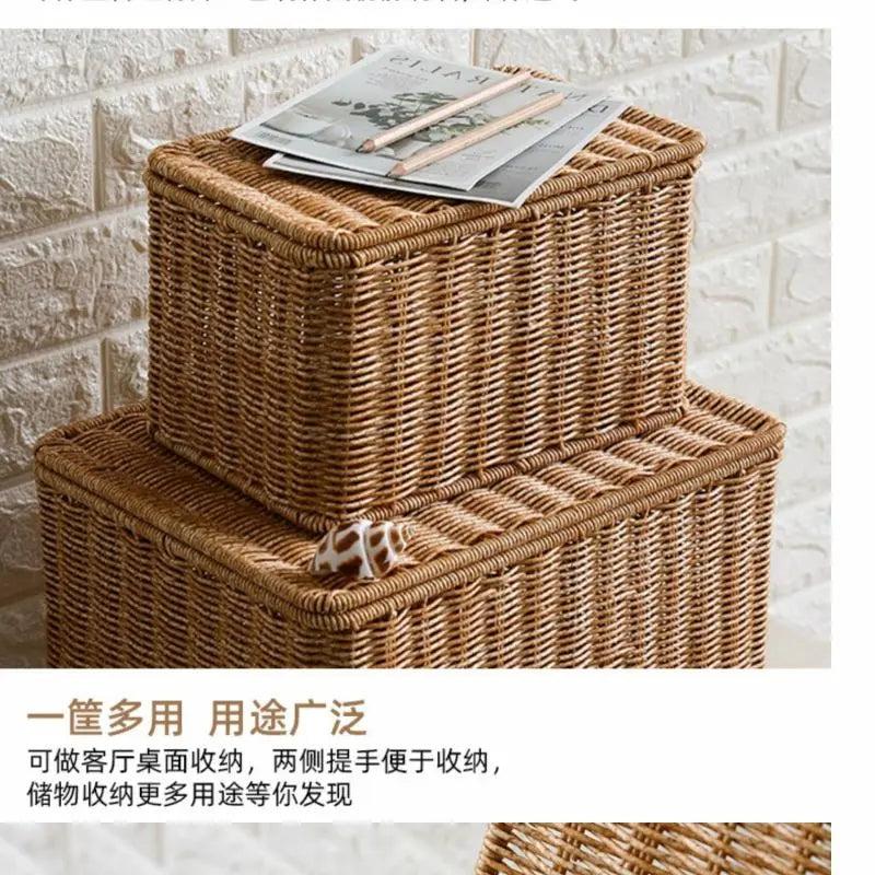 Waterproof storage box with cover mitation wicker rattan woven wardrobe storage kitchen clothing organizer box wicker basket