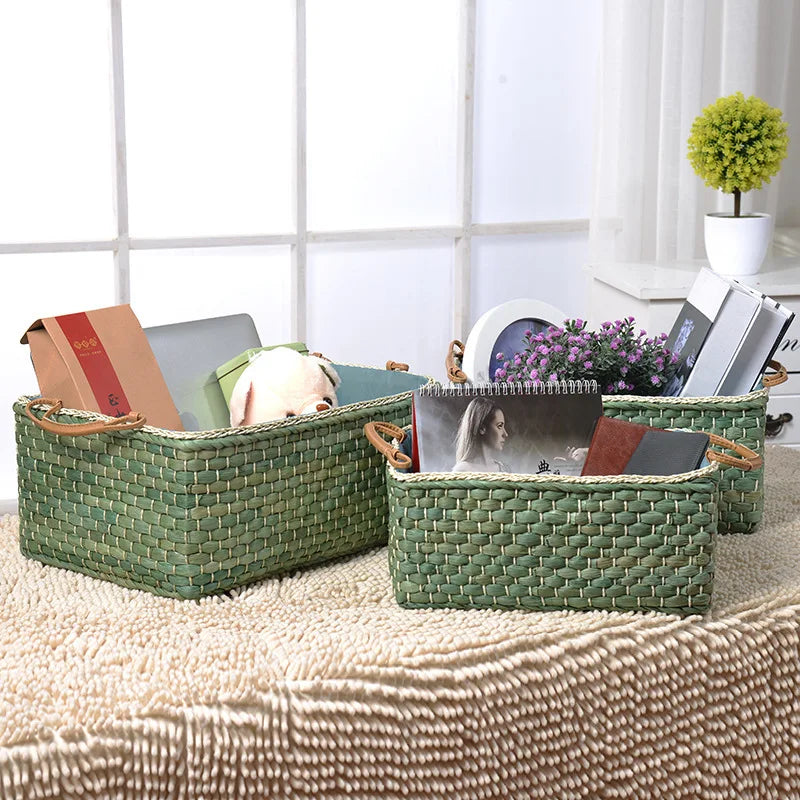 Environmentally Friendly Handmade Rattan Storage Basket Corn Skin Storage Box Coffee Table Desktop Living Room Storage Basket