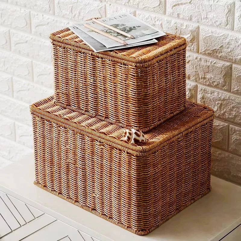 Waterproof storage box with cover mitation wicker rattan woven wardrobe storage kitchen clothing organizer box wicker basket