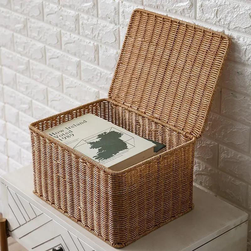 Waterproof storage box with cover mitation wicker rattan woven wardrobe storage kitchen clothing organizer box wicker basket
