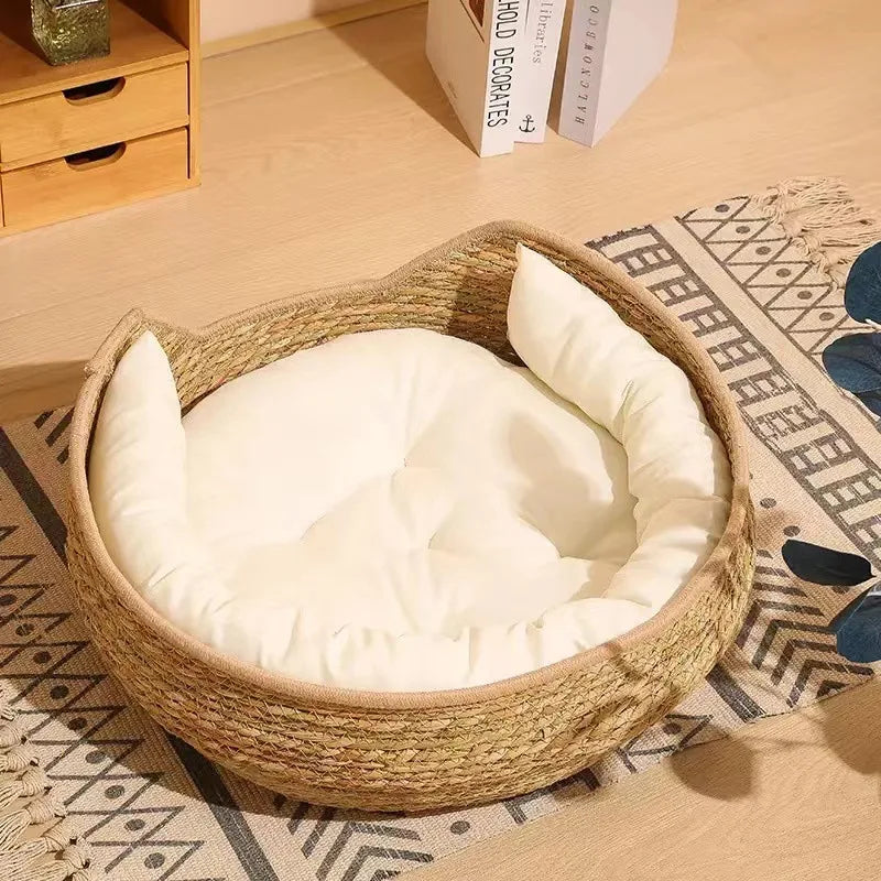 Natural Cat Bed Straw Nest Woven Pet House Handmade Braided Cattail Leaf with Soft Cushion