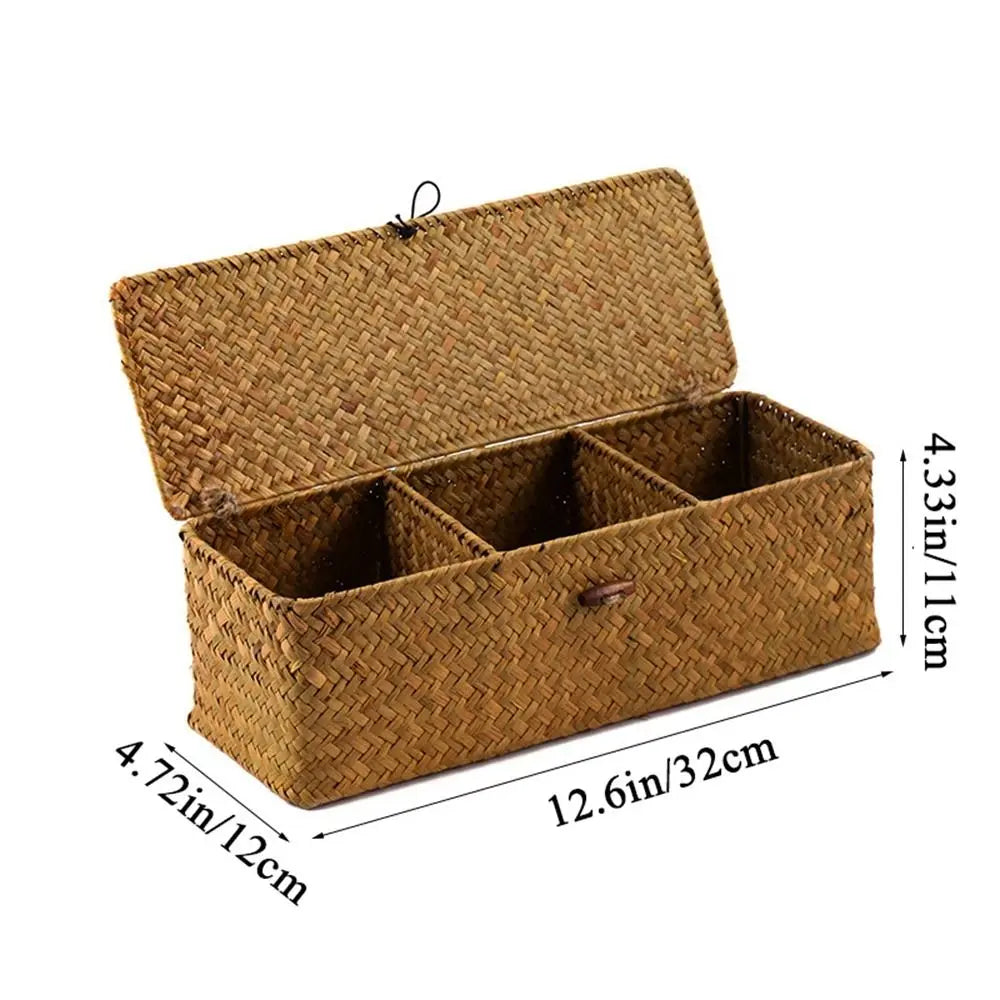 Handmade Hand Woven Storage Baskets Dustproof Rectangular 3 Grid Handwoven Storage Basket with Lid Rattan Divider Storage Box