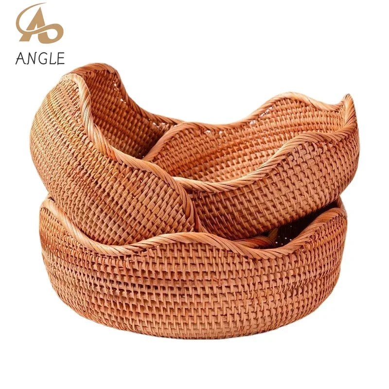 Round Rattan Fruit Basket, Wicker Woven Snack Tray, ,Bread Food Organizer, Kitchen Storage, Home Decoration