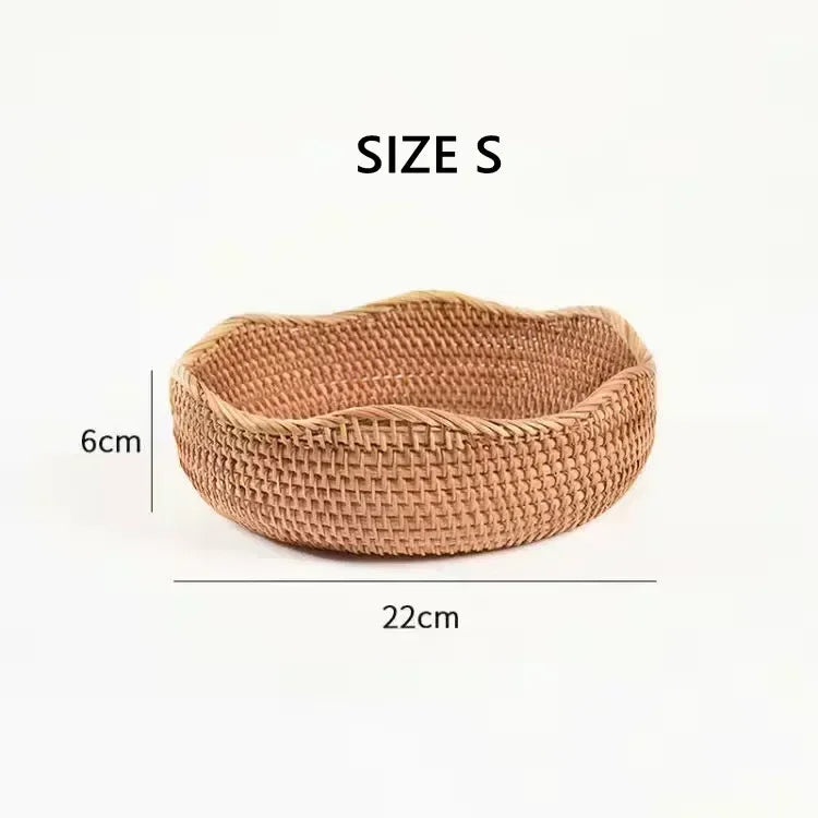 Round Rattan Fruit Basket, Wicker Woven Snack Tray, ,Bread Food Organizer, Kitchen Storage, Home Decoration