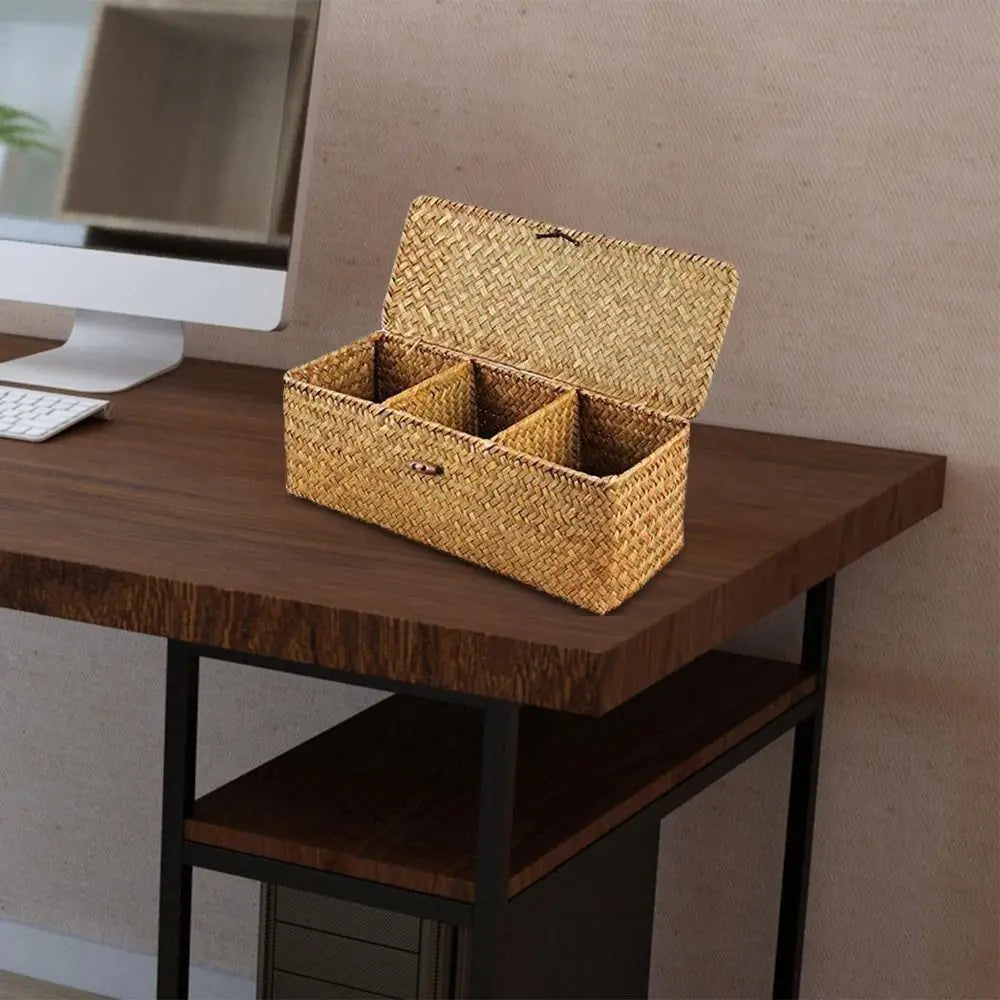 Handmade Hand Woven Storage Baskets Dustproof Rectangular 3 Grid Handwoven Storage Basket with Lid Rattan Divider Storage Box