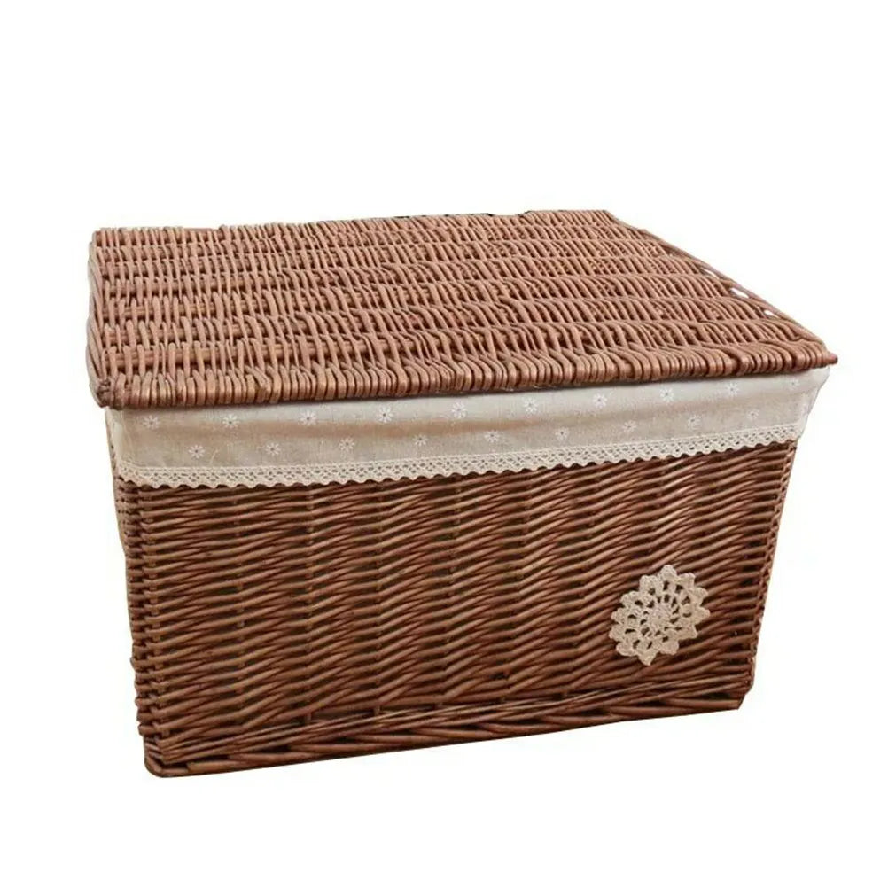 Woven Rattan Basket with Cover Natural Fiber Storage Bin for Home Organization Bedroom Living Room Desk Decorative Wicker Box