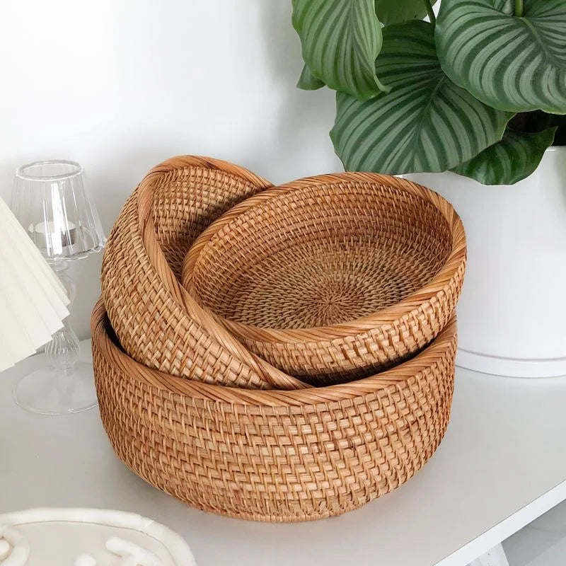 Round Rattan Fruit Basket, Wicker Woven Snack Tray, ,Bread Food Organizer, Kitchen Storage, Home Decoration