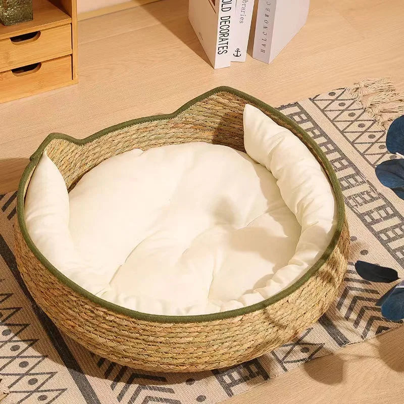 Natural Cat Bed Straw Nest Woven Pet House Handmade Braided Cattail Leaf with Soft Cushion