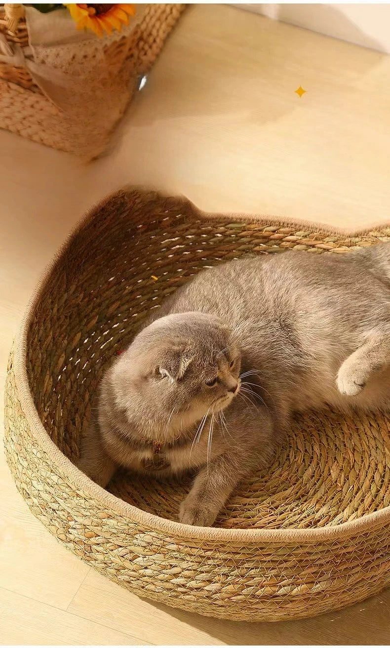 Natural Cat Bed Straw Nest Woven Pet House Handmade Braided Cattail Leaf with Soft Cushion