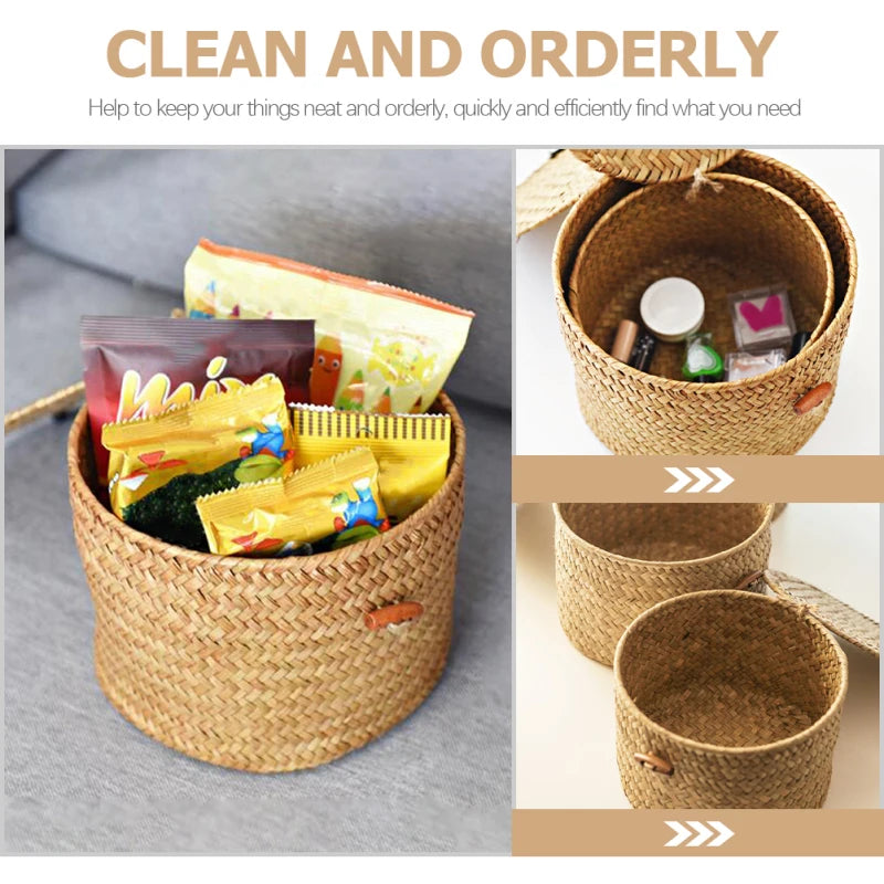 Round Handmade Seagrass Storage Box Decorative ganizer Baskets Toilet Paper Holder Gift Container Woven Desktop Basket For